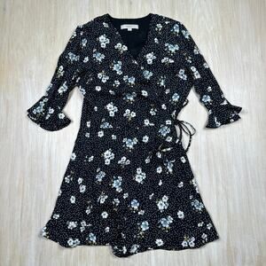 LOFT Black Floral Polka Dot Ruffle Sleeve V-Neck Casual Mini Wrap Dress 4